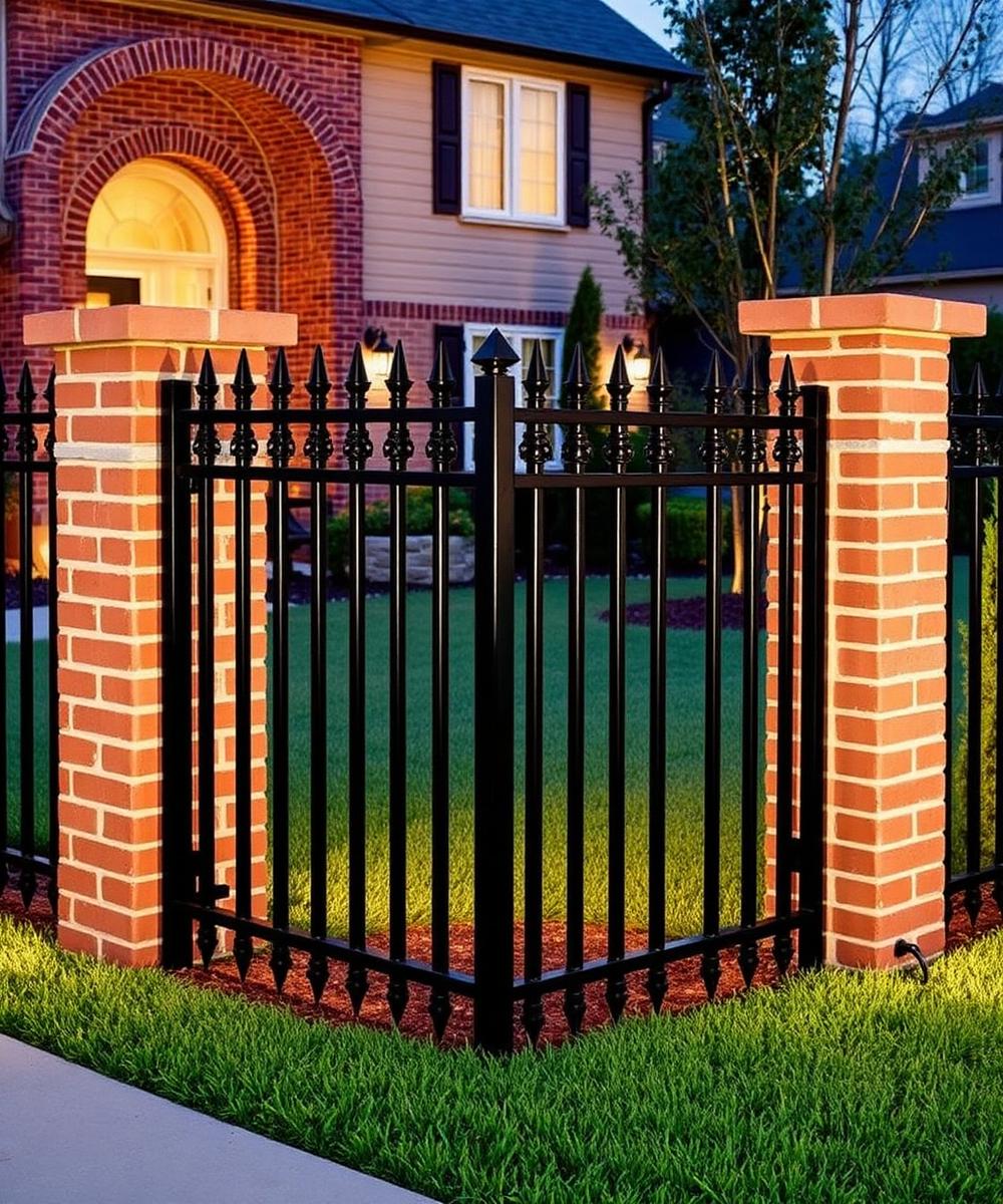 Black aluminum fence with brick pillars