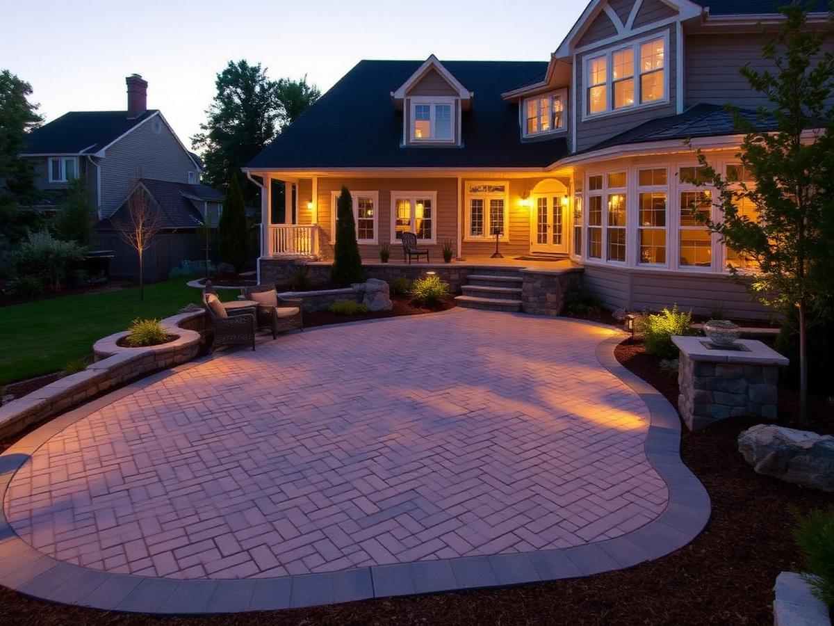 Paver patio in a suburban backyard at dusk